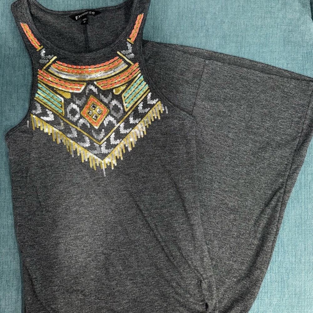 Express Dark Gray Tank Dress with Colorful Embellished Neckline
